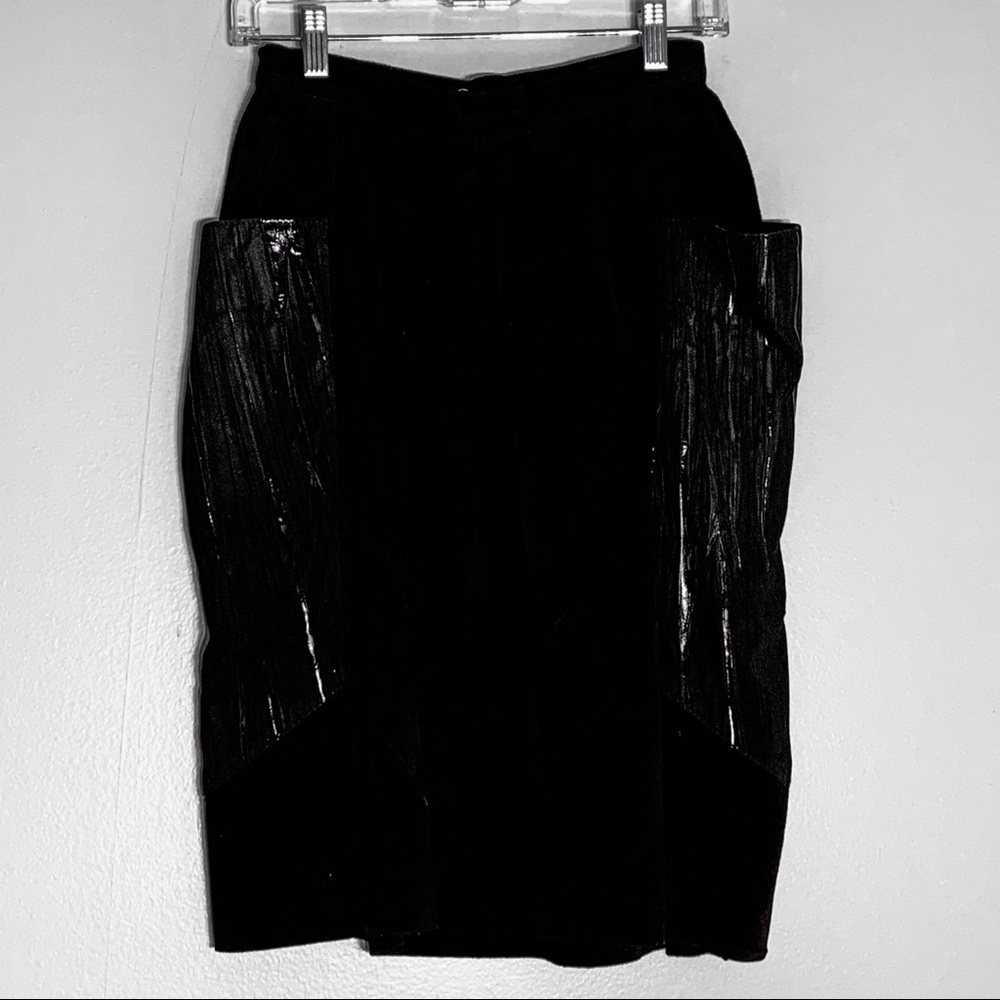 Vintage Genuine Leather Side Pocket a line pencil Skirt black monochromatic 10